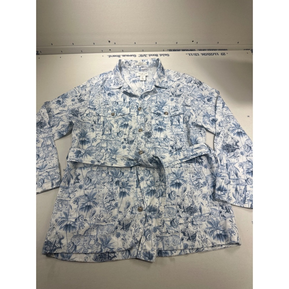 Rachel Zoe Blue White Linen Jungle Toile Safari Belted Shirt Jacket L